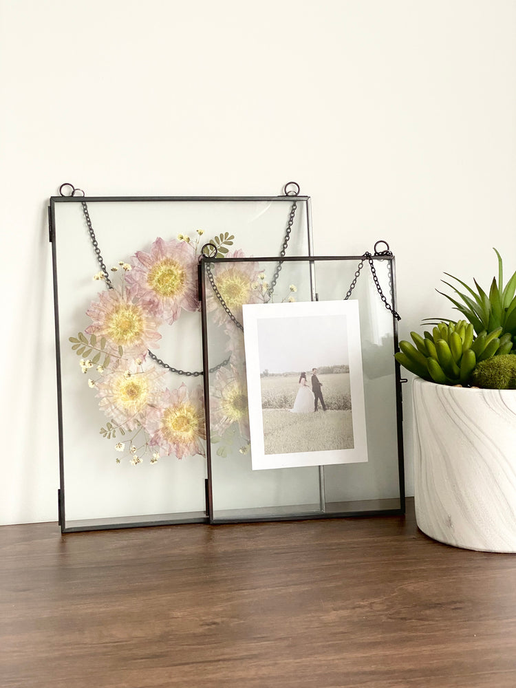 Hanging Double Glass Frames | Large Rectangular Tempered Glass Floating Picture Frames | Set of 2